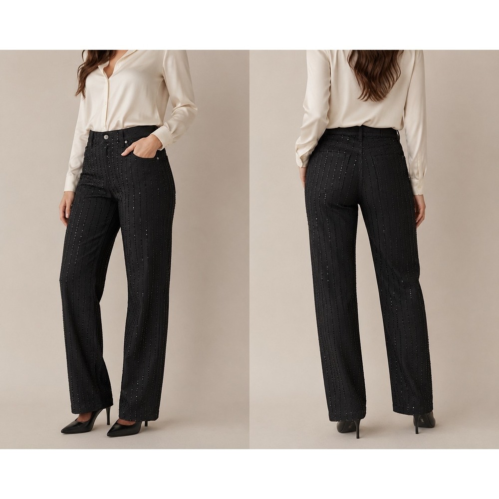 Shoedazzle Black‎ Sequin Pinstripe Jeans Womens Size 34 Straight Leg Glam NWT